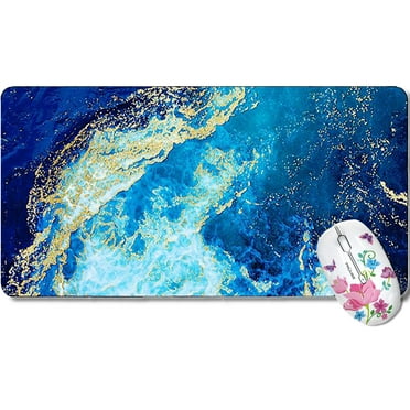 Large Mouse Pad, Cute Desk Mat for Desktop, PU Leather Waterproof Gaming Mousepad, Blue Gold Marble Computer PC Laptop Protector Writing Pads for School Office Home 31.6" x 11.8"