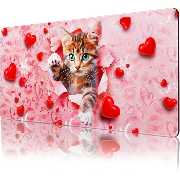 Large Mouse Pad, Cute Pink Desk Mat for Desktop, Women Girls Waterproof Desk Mouse Pad, Love Cat Computer PC Laptop Protector Writing Pads for School Office Home 31.5" x 15.7"