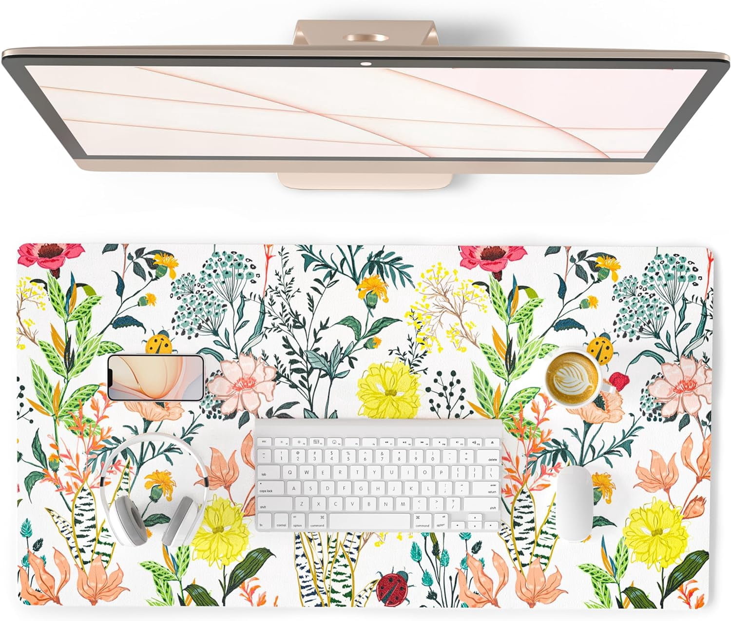Large Mouse Pad for Desk, Cute Desk Mat for Desktop, Women Girls Floral Office Décor Desk Accessories, PU Leather Waterproof Big Gaming Mousepad, Flowers Desk Pad Computer Mat, 31.5" x 15.7"