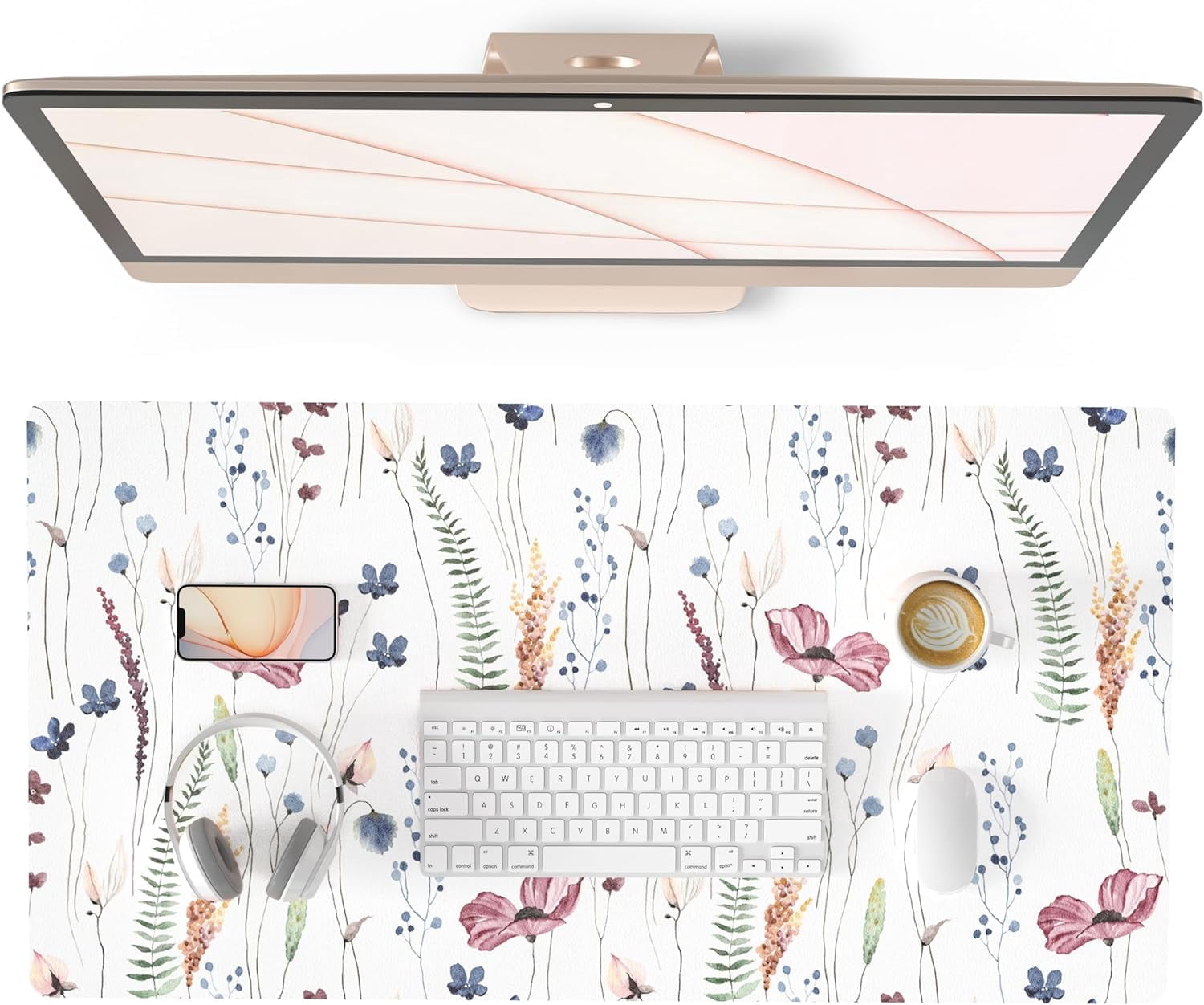 Large Mouse Pad for Desk, Cute Desk Mat for Desktop, Women Girls Floral Office Décor Desk Accessories, PU Leather Waterproof Big Gaming Mousepad, Wildflowers Desk Pad Computer Mat, 31.5" x 15.7"