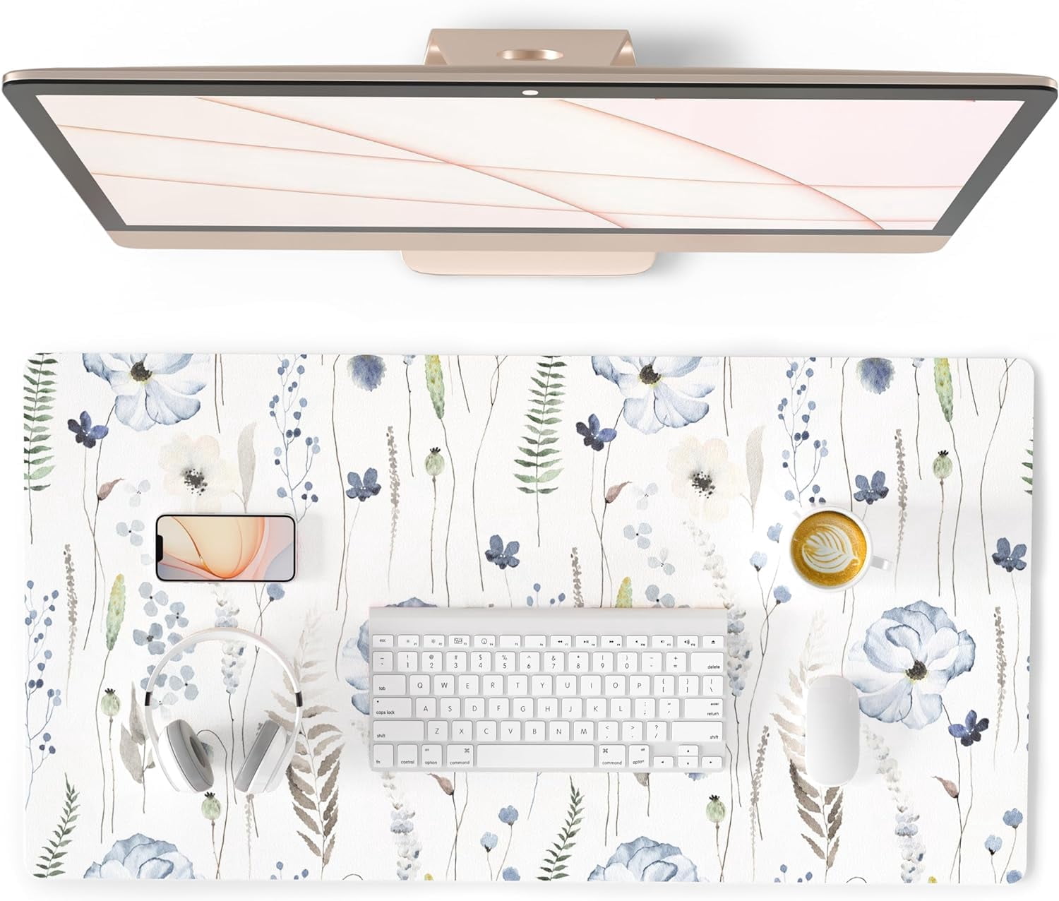 Large Mouse Pad for Desk, Cute Desk Mat for Desktop, Women Girls Office Décor Desk Accessories, PU Leather Waterproof Gaming Mousepad, Watercolor Blue Flowers Desk Pad Computer Mat, 31.5" x 15.7"