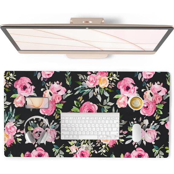 Large Mouse Pad for Desk, Cute Desk Mat for Desktop, Women Girls Pink Flowers Office Décor Desk Accessories, PU Leather Waterproof Big Gaming Mousepad, Black Desk Pad Computer Mat, 31.5" x 15.7"