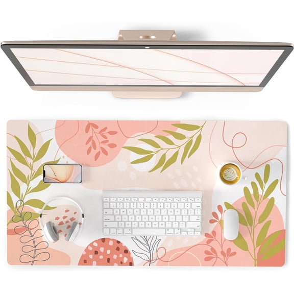 Large Mouse Pad for Desk, Cute Desk Mat for Desktop, Women Girls Pink Green Office Desk Accessories, PU Leather Waterproof Gaming Mousepad, Tropical Leaves Desk Pad Computer Mat, 31.5" x 15.7"