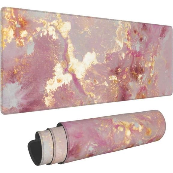 Large Mouse Pad for Desk Mat, Marble Gaming Mousepad, Laptop Pad, Big Extended Deskpad Keyboard Pad with Stitched Edges, Non Slip Base XL Mousepad for Women Office Pink and Gold 31.5 x 11.8In
