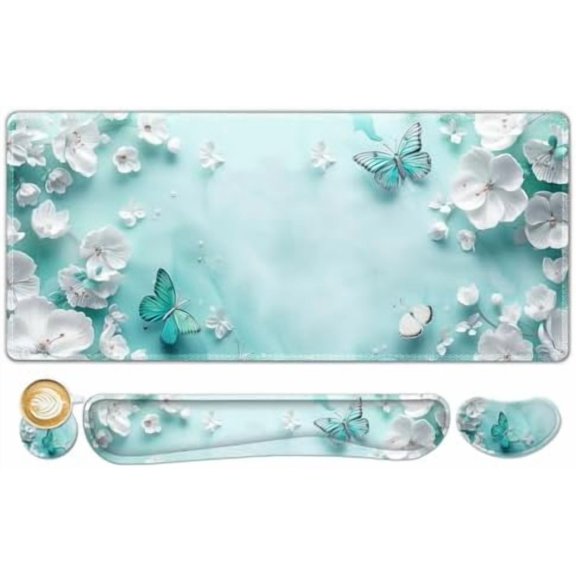 Large Mouse Pad Desk Pad Set, Wrist Rest Support Desk Mat for Keyboard and Mouse, 4PCS 35.4”x15.7 XXL Giant Mouse Pad, Non-Slip Base Stitched Edges Mousepad for Home Office, Teal Butterfly