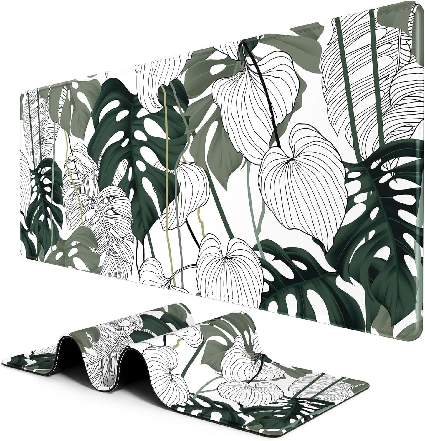 Large Mouse Pad, Desk Pad, XXL XL Extended Gaming Mouse Pad, Desk Mat for Office & Home, Long Keyboard Mat, Huge Mouse Pad, Desktop Full Cover 31.5" x 11.8", Art Tropical Minimalist Leaf White