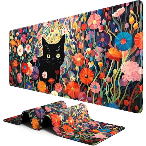 Large Mouse Pad, Desk Pad, XXL XL Extended Gaming Mouse Pad, Desk Mat for Office & Home, Long Keyboard Mat, Huge Mouse Pad, Desktop Full Cover 31.5 x 11.8 Inches, Orange Pink Flowers and Cat