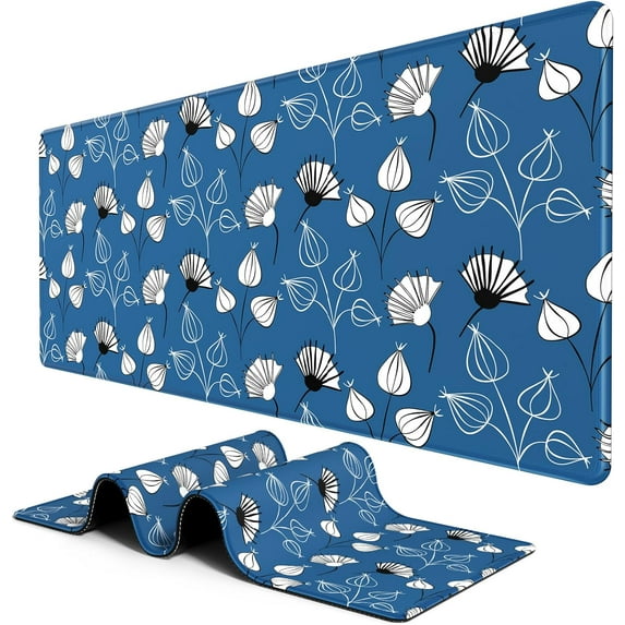 Large Mouse Pad, Desk Pad, XXL XL Extended Gaming Mouse Pad, Desk Mat for Office & Home, Long Keyboard Mat, Huge Mouse Pad, Desktop Full Cover 35.4 x 15.7 Inches, Minimalist Blue White Flowers