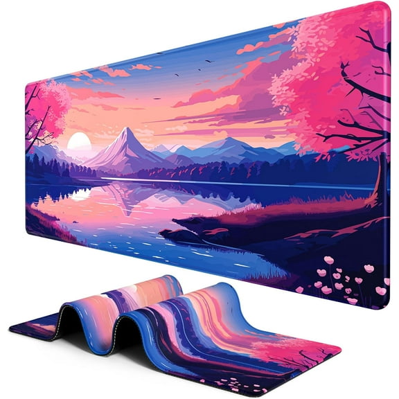 Large Mouse Pad, Desk Pad, XXL XL Extended Gaming Mouse Pad, Desk Mat for Office & Home, Long Keyboard Mat, Huge Mouse Pad, Desktop Full Cover 35.4 x 15.7 Inches, Anime Tranquil Sakura Lake