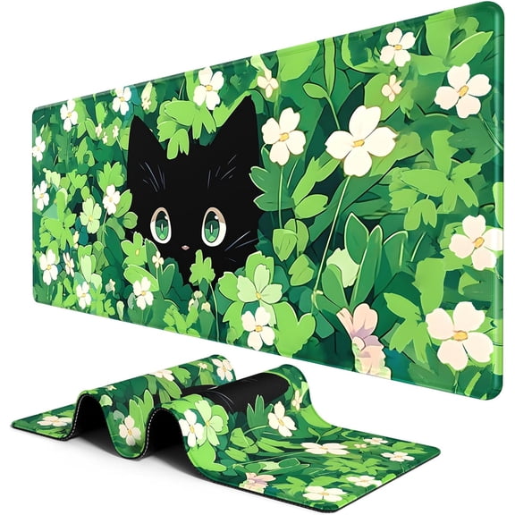 Large Mouse Pad, Desk Pad, XXL XL Extended Gaming Mouse Pad, Desk Mat for Office & Home, Long Keyboard Mat, Huge Mouse Pad, Desktop Full Cover 35.4 x 15.7 Inches, Anime Grass Cat