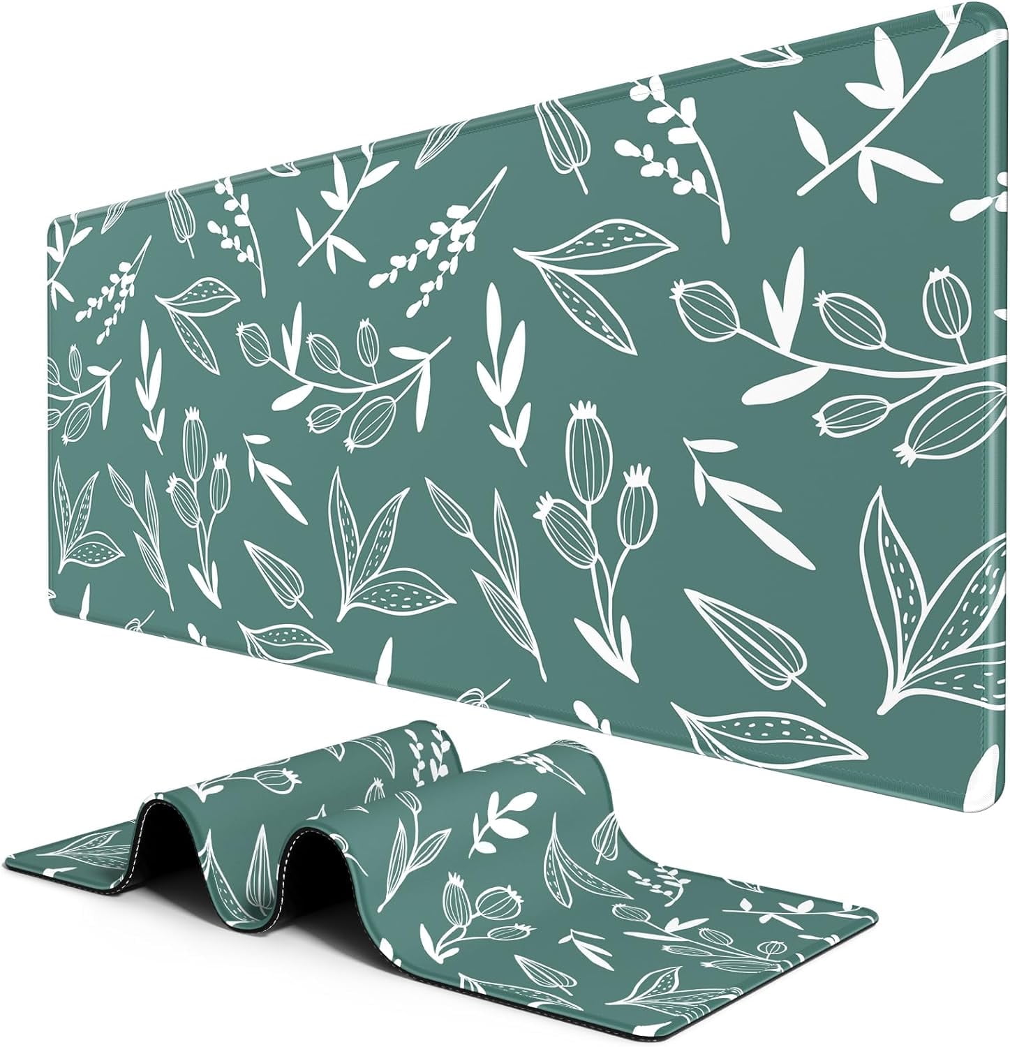Large Mouse Pad, Desk Pad, XXL XL Extended Gaming Mouse Pad, Desk Mat for Office & Home, Long Keyboard Mat, Huge Mouse Pad, Desktop Full Cover 35.5 x 15.7 Inches, Minimalist Green Flowers