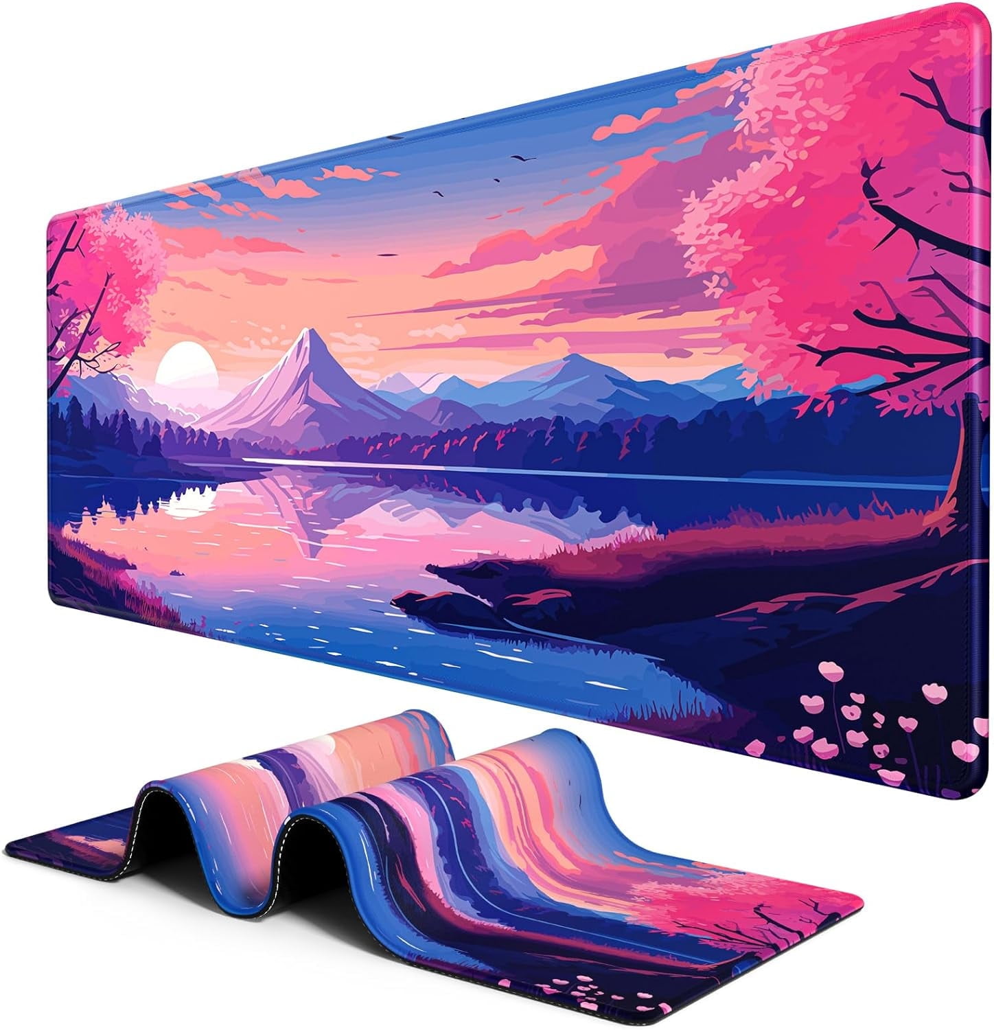 Large Mouse Pad, Desk Pad, XXL XL Extended Gaming Mouse Pad, Desk Mat for Office & Home, Long Keyboard Mat, Huge Mouse Pad, Desktop Full Cover 35.5 x 15.7 Inches, Anime Tranquil Sakura Lake