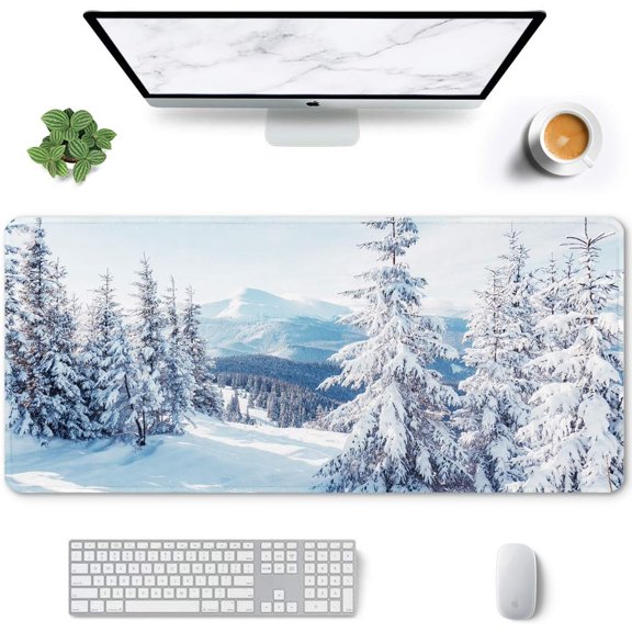 Large Mouse Pad, Full Desk XXL Extended Gaming Mouse Pad 35.4" X 15.7", Waterproof Desk Mat w/Stitched Edges, Non-Slip Laptop Computer Keyboard Mousepad for Office and Home, Ice and Snow Design