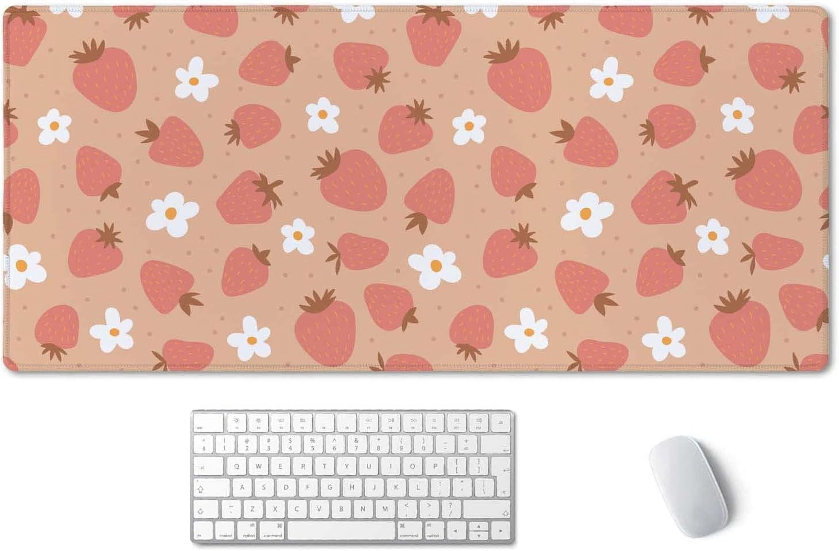 Large Mouse Pad, Full Desk XXL Extended Gaming Mouse Pad 35.5" X 15.7", Waterproof Desk Mat with Stitched Edge, Non-Slip Laptop Computer Keyboard Mousepad for Office & Home, Strawberry and Daisy