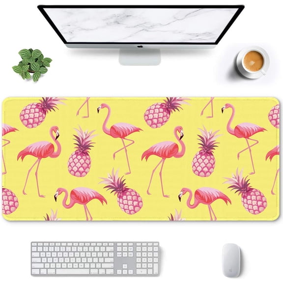 Large Mouse Pad, Full Desk XXL Extended Gaming Mouse Pad 35" X 15", Waterproof Desk Mat with Stitched Edges, Non-Slip Laptop Computer Keyboard Mousepad for Office and Home, Flamingo Design