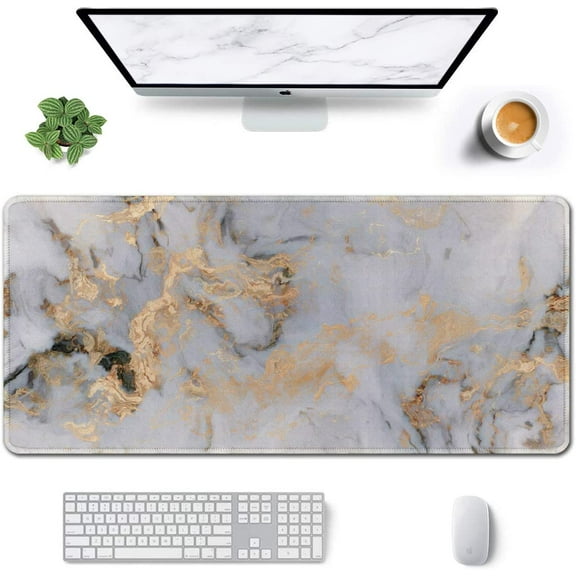 Large Mouse Pad, Full Desk XXL Extended Gaming Mouse Pad 35 x 15 Inch, Waterproof Desk Mat w/Stitched Edge, Non-Slip Laptop Computer Keyboard Pad for Office & Home, White Gray Marble Design