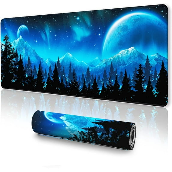 Large Mouse Pad, Gaming Mousepad, 35.3 x 15.7 XXL Extended Mouse Pad, Non-Slip Stitched Edge Office Laptop Computer Keyboard Desk Mat - Starry Sky Moon Mountain Forest
