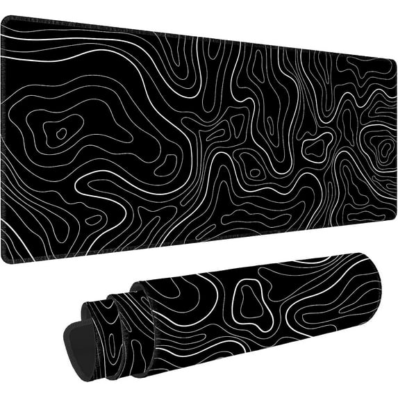 Large Mouse Pad Gaming with Stitched Edges,Topographic Map Gaming Mousepad, Extended XL Desk Mat with Anti-Slip Base, Cool Minimalist Desk Pad for Keyboard and Mouse, 31.5 x 11.8 in, Black