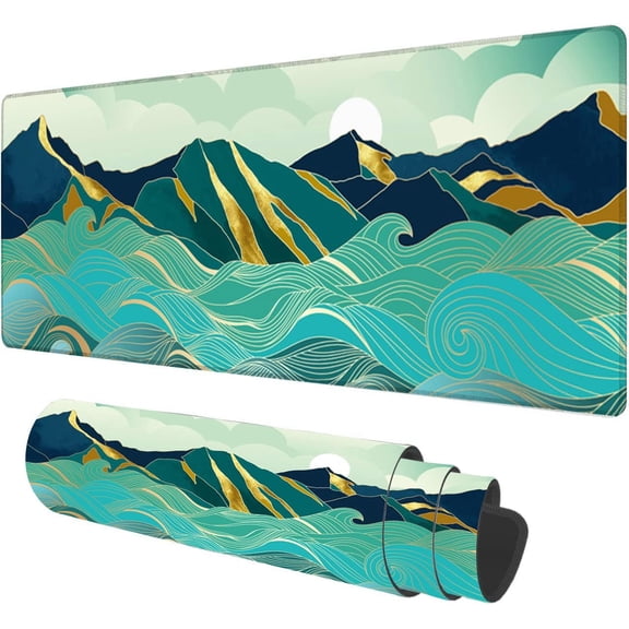 Large Mouse Pad,Gold Mountain with Landscape Line Arts Large XL Desk Mat Extended Waterproof Mouse Mat with Stitched Edges and Non-Slip Base for Office Gaming Home 31.5 X 11.8 Inch