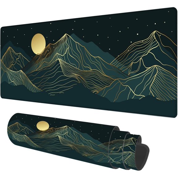 Large Mouse Pad,Golden Mountain Line Arts Large XL Desk Mat Extended Waterproof Mouse Mat with Stitched Edges and Non-Slip Base for Office Gaming Home 31.5 X 11.8 Inch