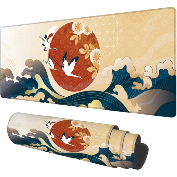 Large Mouse Pad,Japanese Cherry Blossoms and Red Sun and Wave Large XL Desk Mat Extended Waterproof Mouse Mat with Stitched Edges and Non-Slip Base for Office Gaming Home 31.5 X 11.8 Inch