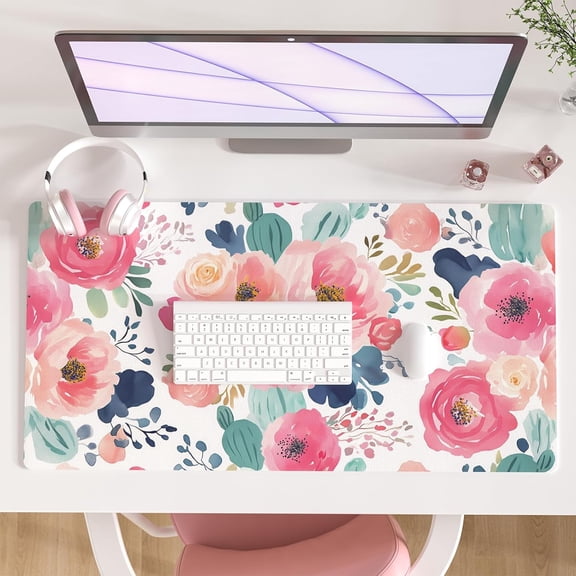 Large Mouse Pad, Pink Floral Desk Mat for Desktop, Women Girls Flowers PU Leather Waterproof Desk Pad, Computer PC Laptop Protector Gaming Mouse Pads for School Office Home 31.5" x 15.7"