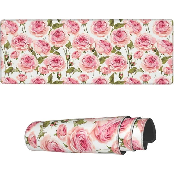 Large Mouse Pad Pink White Floral Rose Extended Gaming Mouse Pad with Stitched Edges Laptop Computer Keyboard Mouse Mat Desk Pad for Work Game Office Home
