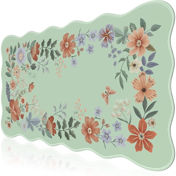 Large Mouse Pad, Scalloped Desk Matt for Desktop, Anti-Slip Big Mousepad with Stitched Edges, Floral Desk Mat for Keyboard and Mouse for Computer(Light Green)