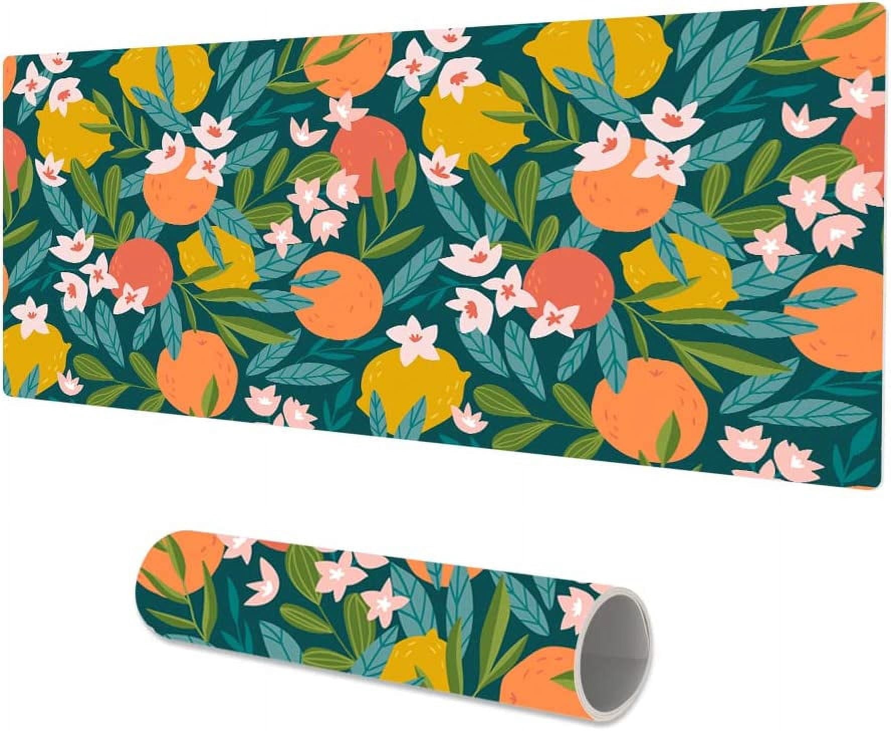 Large Mouse Pad, Waterproof PU Leather Cute Computer Desk Mat, Allover Citrus Fruit Home Office Décor, Multifunctional Desk Organizers Protector, 31.5" x 15.7" - Orange Lemon Floral Pattern