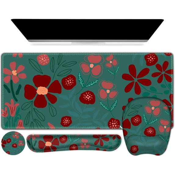 Large Mouse Pad with Wrist Support 4 in1 Set, XXL Big Game Mousepad + Keyboard Wrist Rest+Mouse Wrist Rest+Coaster Ergonomic Design Gaming Mat for Home Office Table Computer I Green Flowers