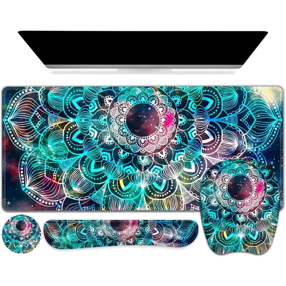 Large Mouse Pad with Wrist Support 4 in1 Set, XXL Big Game Mousepad + Keyboard Wrist Rest+Mouse Wrist Rest+Coaster Ergonomic Gaming Mat for Home Office Table Computer I Nice Green Mandala