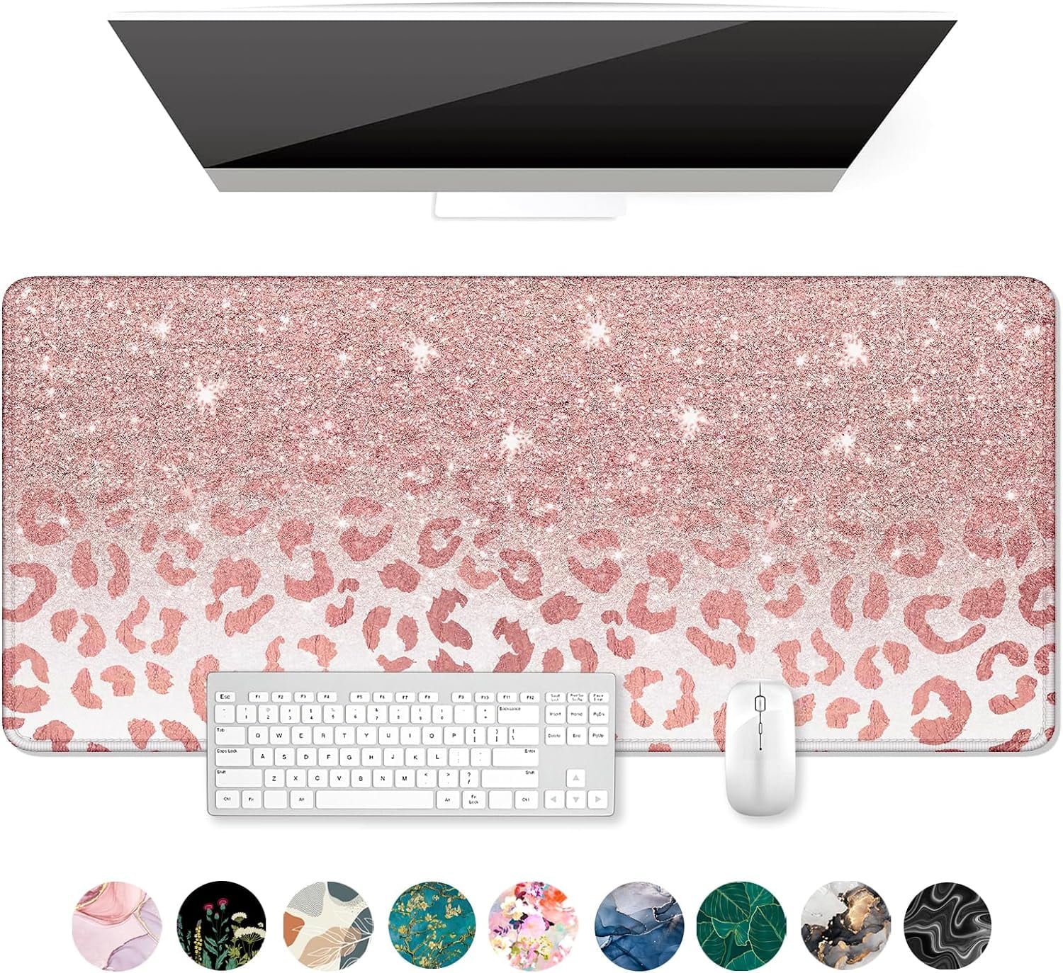 Large Mouse Pad, XXL Desk Pad, Extened 35" x 15", Non-Slip Rubber Base, Stitched Edges, Superior Surface, Waterproof Keyboard Mat, Large Mousepad for Gamer, Office & Home, Pink Gold Leopard
