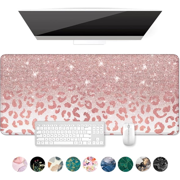 Large Mouse Pad, XXL Desk Pad, Extened 35" x 15", Non-Slip Rubber Base, Stitched Edges, Superior Surface, Waterproof Keyboard Mat, Large Mousepad for Gamer, Office & Home, Pink Gold Leopard