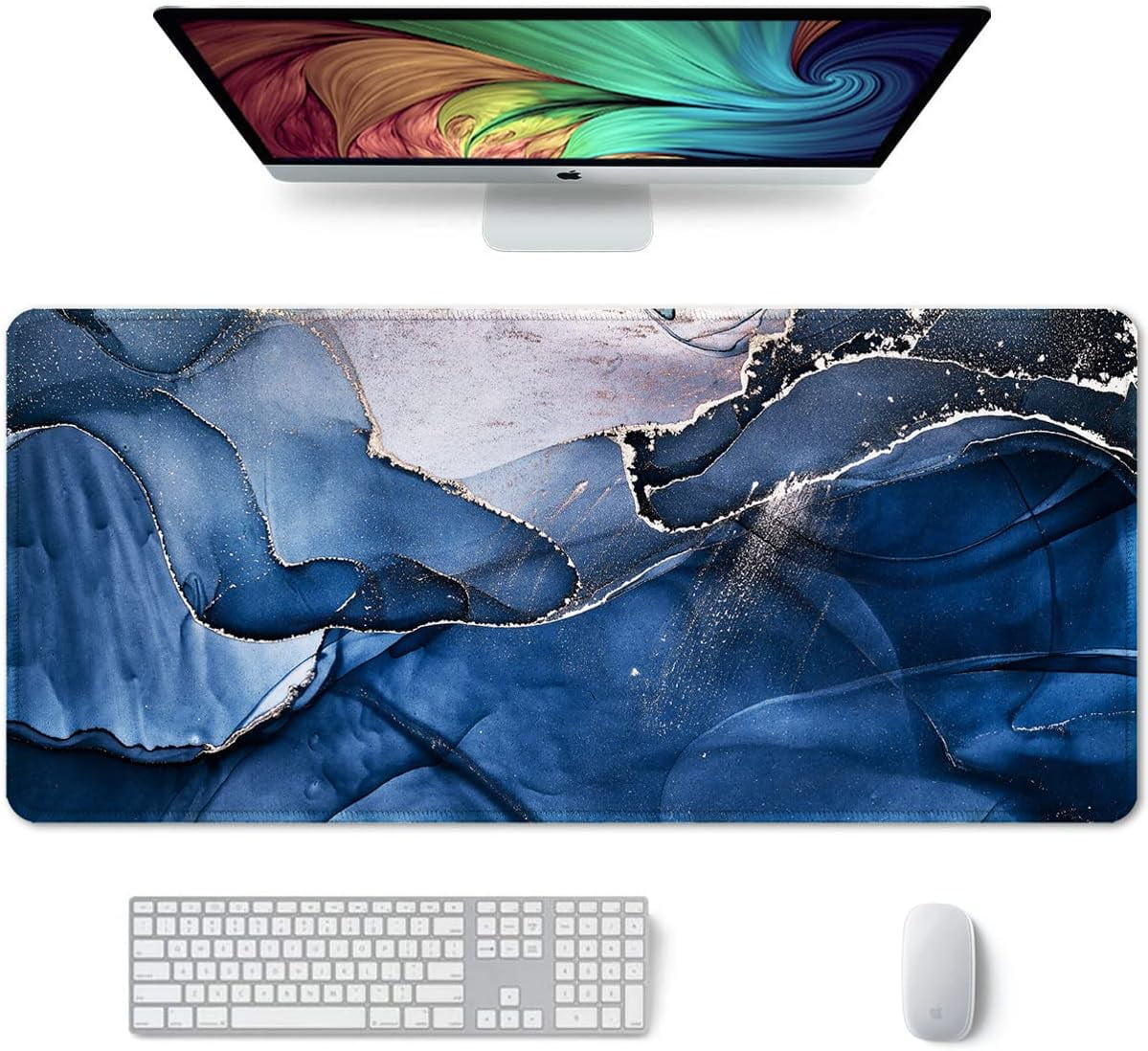 Large Mouse Pad, XXL Desk Pad, Extened 35" x 15", Non-slip Rubber Base, Stitched Edges, Superior Surface, Waterproof Keyboard Mat, Large Mousepad for Gamer, Office & Home, Ink Navy Marble
