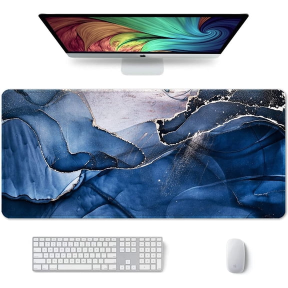 Large Mouse Pad, XXL Desk Pad, Extened 35" x 15", Non-slip Rubber Base, Stitched Edges, Superior Surface, Waterproof Keyboard Mat, Large Mousepad for Gamer, Office & Home, Ink Navy Marble