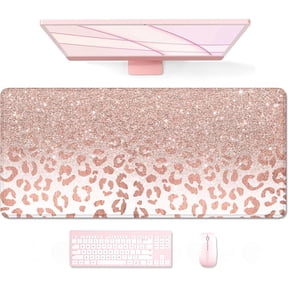 Large Mouse Pad, XXL Desk Pad, Extened Mousepad 31.5" x 11.8", Non-Slip Rubber Base, Stitched Edges, Superior Surface, Gaming Keyboard Mat, Waterproof Desk Pad, Pink Gold Leopard