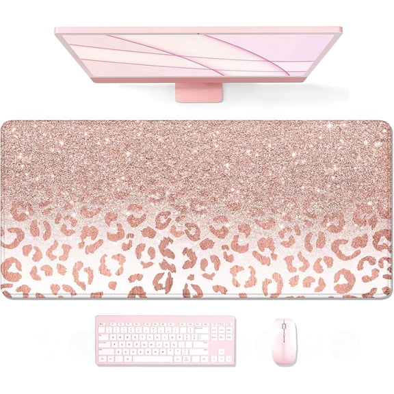 Large Mouse Pad, XXL Desk Pad, Extened Mousepad 31.5" x 11.8", Non-Slip Rubber Base, Stitched Edges, Superior Surface, Gaming Keyboard Mat, Waterproof Desk Pad, Pink Gold Leopard