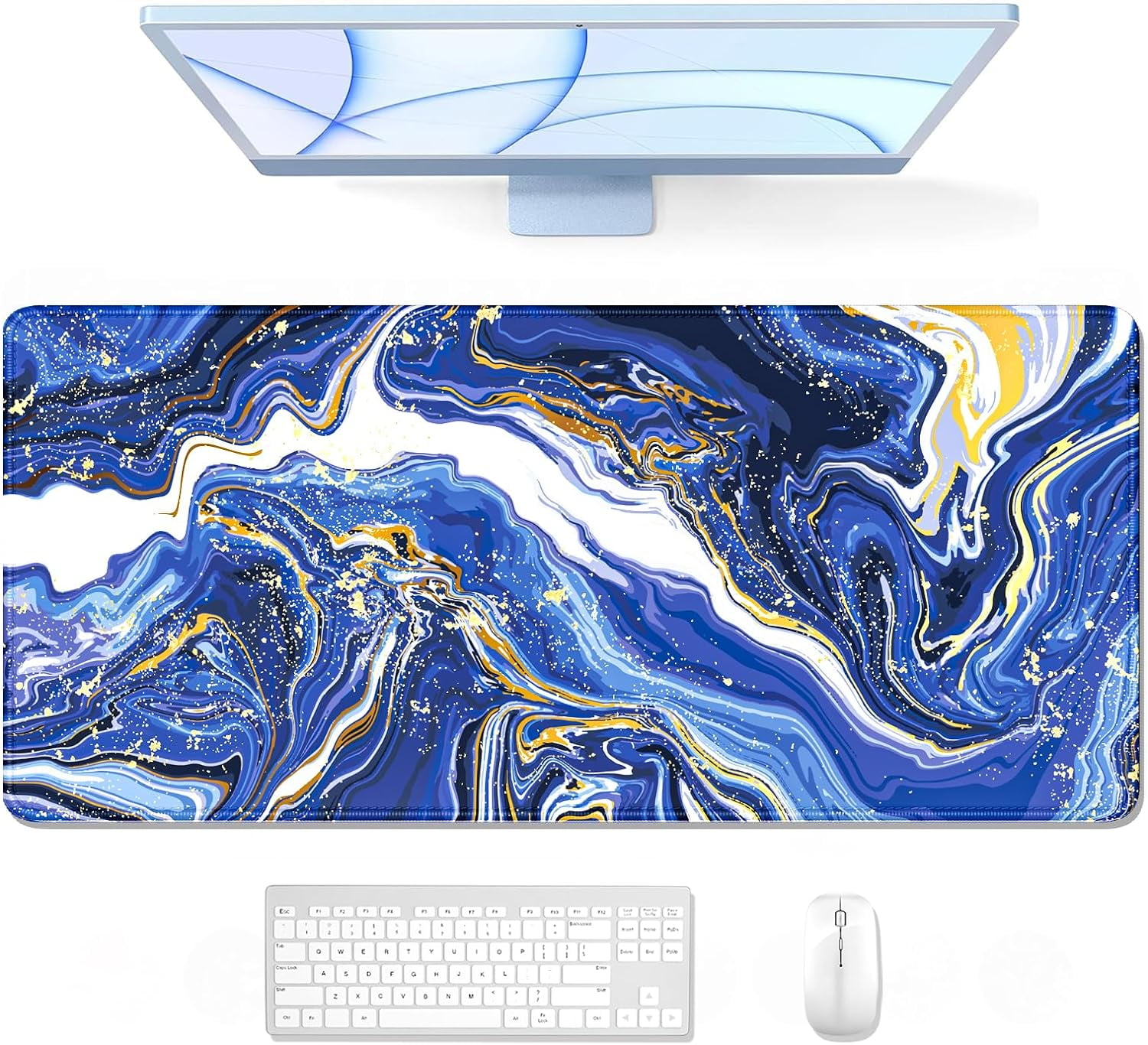 Large Mouse Pad, XXL Gaming Mousepad, Desk Mat for Desktop, Thick Rubber, Big & Long Size, Stitched Edges, Full Desk Pad for Laptop & Computer, Extended 31.5 x 11.8 in, Navy Marble