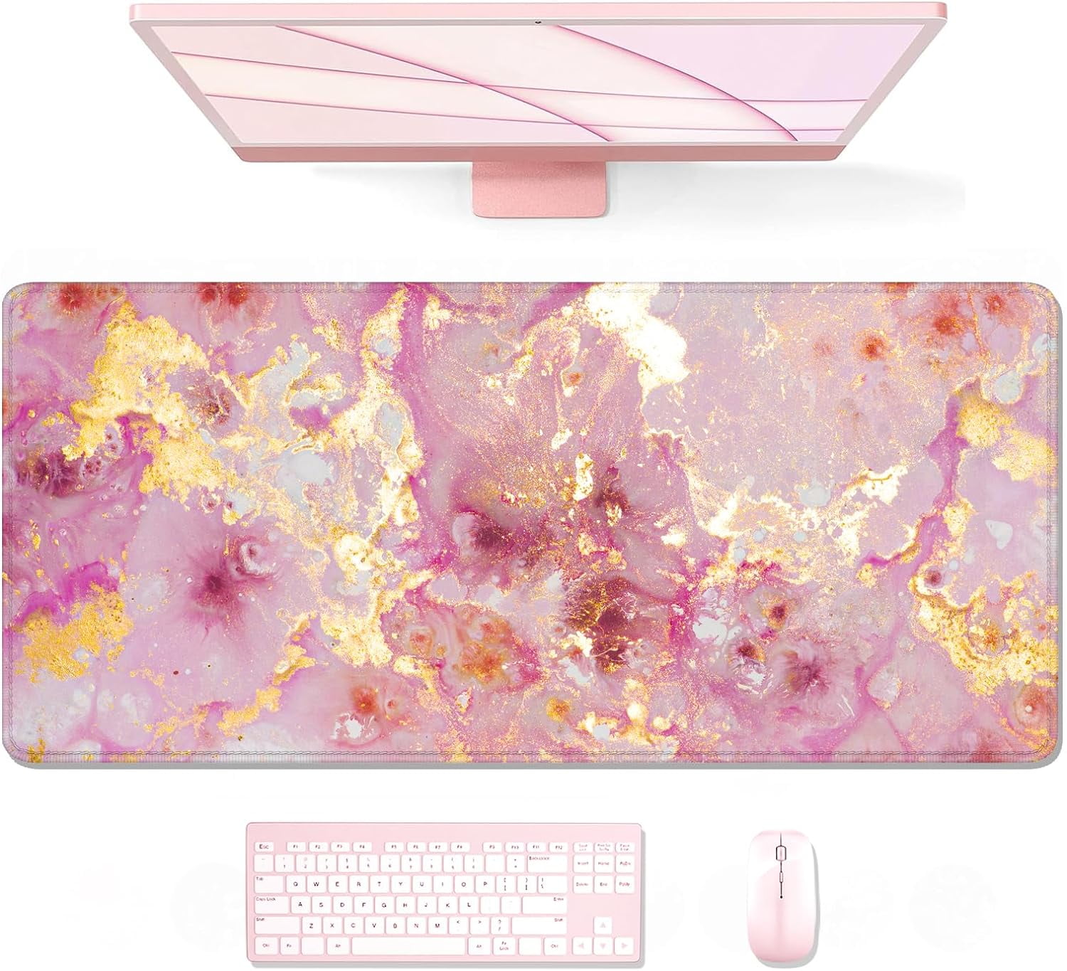 Large Mouse Pad, XXL Gaming Mousepad, Desk Mat for Desktop, Thick Rubber, Big & Long Size, Stitched Edges, Full Desk Pad for Laptop & Computer, Extended 31.5 x 11.8 in, Pink Gold Marble