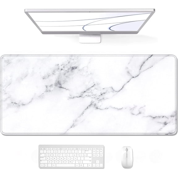 Large Mouse Pad, XXL Gaming Mousepad, Desk Mat for Desktop, Thick Rubber, Big & Long Size, Stitched Edges, Full Desk Pad for Laptop & Computer, Extended 31.5 x 11.8 in, White Marble
