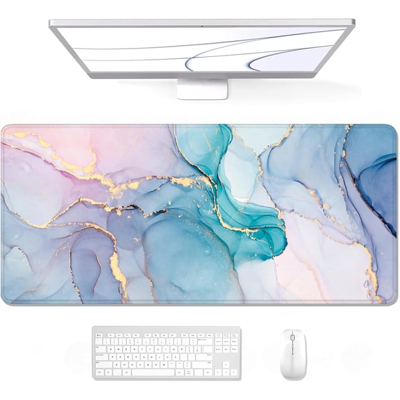 Large Mouse Pad, XXL Gaming Mousepad, Desk Mat for Desktop, Thick Rubber, Big & Long Size, Stitched Edges, Full Desk Pad for Laptop & Computer, Extended 31.5 x 11.8 in, Blue Pink Marble