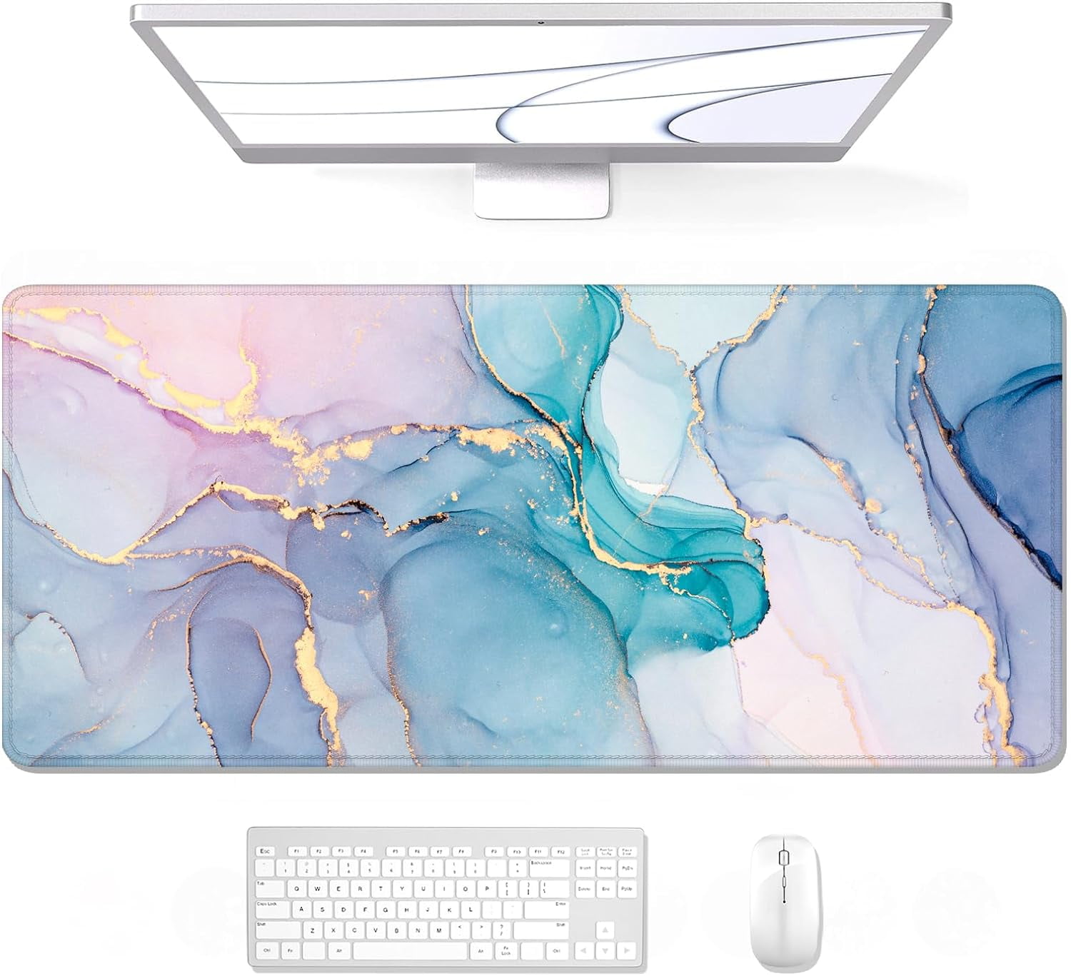Large Mouse Pad, XXL Gaming Mousepad, Desk Mat for Desktop, Thick Rubber, Big & Long Size, Stitched Edges, Full Desk Pad for Laptop & Computer, Extended 35.4 x 15.7 in, Blue Pink Marble