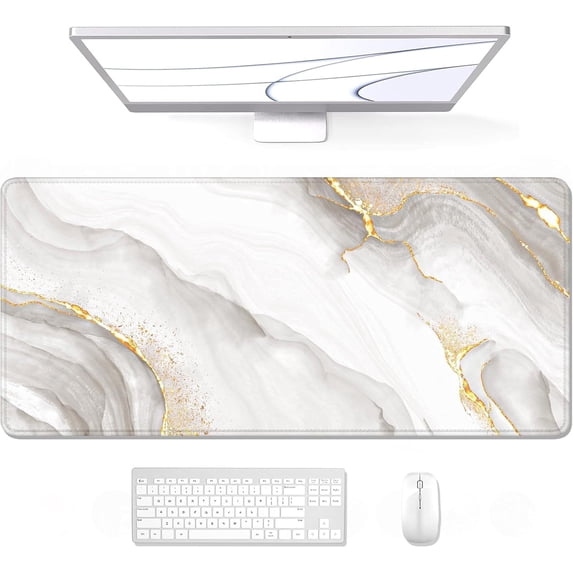 Large Mouse Pad, XXL Gaming Mousepad, Desk Mat for Desktop, Thick Rubber, Big & Long Size, Stitched Edges, Full Desk Pad for Laptop & Computer, Extended 35.4 x 15.7 in, Gold Gray Marble