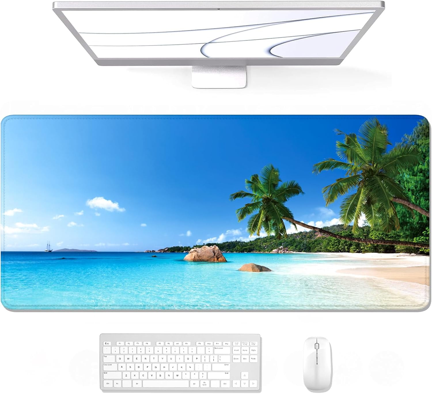 Large Mouse Pad, XXL Gaming Mousepad, Desk Mat for Desktop, Thick Rubber, Big & Long Size, Stitched Edges, Full Desk Pad for Laptop & Computer, Extended 35.4 x 15.7 in, Beach Coconut Trees