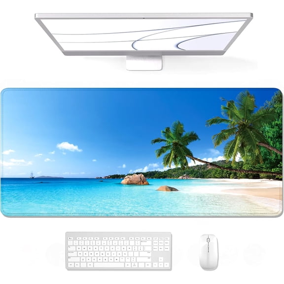 Large Mouse Pad, XXL Gaming Mousepad, Desk Mat for Desktop, Thick Rubber, Big & Long Size, Stitched Edges, Full Desk Pad for Laptop & Computer, Extended 35.4 x 15.7 in, Beach Coconut Trees
