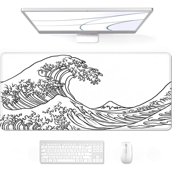 Large Mouse Pad, XXL Gaming Mousepad, Desk Mat for Desktop, Thick Rubber, Big & Long Size, Stitched Edges, Full Desk Pad for Laptop & Computer, Extended 35.4 x 15.7 in, White Great Wave