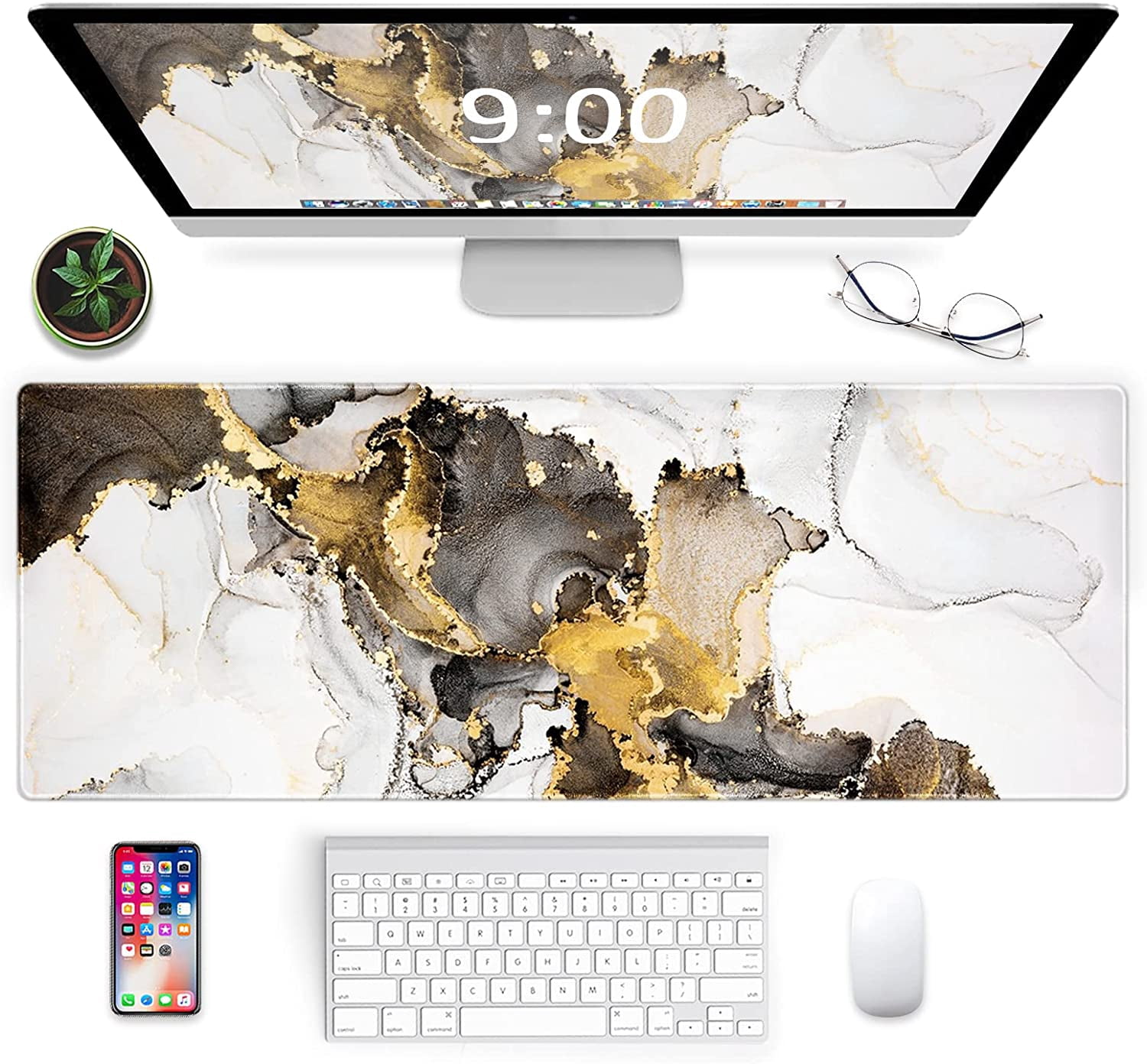 Large Mouse Pad XXL XL Large Mouse Pad Long Extended Mousepad Desk Pad Non-Slip Rubber Mice Pads Stitched Edges Thin Pad (31.5x11.8x0.12 Inch)-Ink White Gold Marble