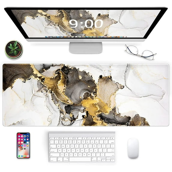 Large Mouse Pad XXL XL Large Mouse Pad Long Extended Mousepad Desk Pad Non-Slip Rubber Mice Pads Stitched Edges Thin Pad (31.5x11.8x0.12 Inch)-Ink White Gold Marble