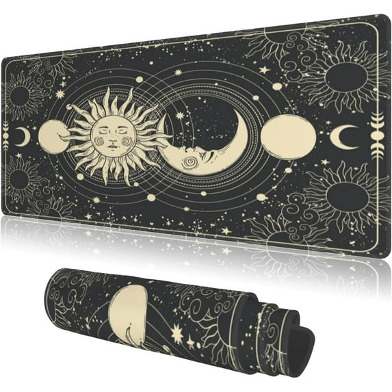 Large Mouse Pads Black Gold Tarot Moon Phases Sun Moon Stars Non-Slip Rubber Base Gaming Mousepad, Keyboard and Mouse Pad with Stitched Edges,PC Desk Mat for Game,Work,Office(31.5"*11.8")