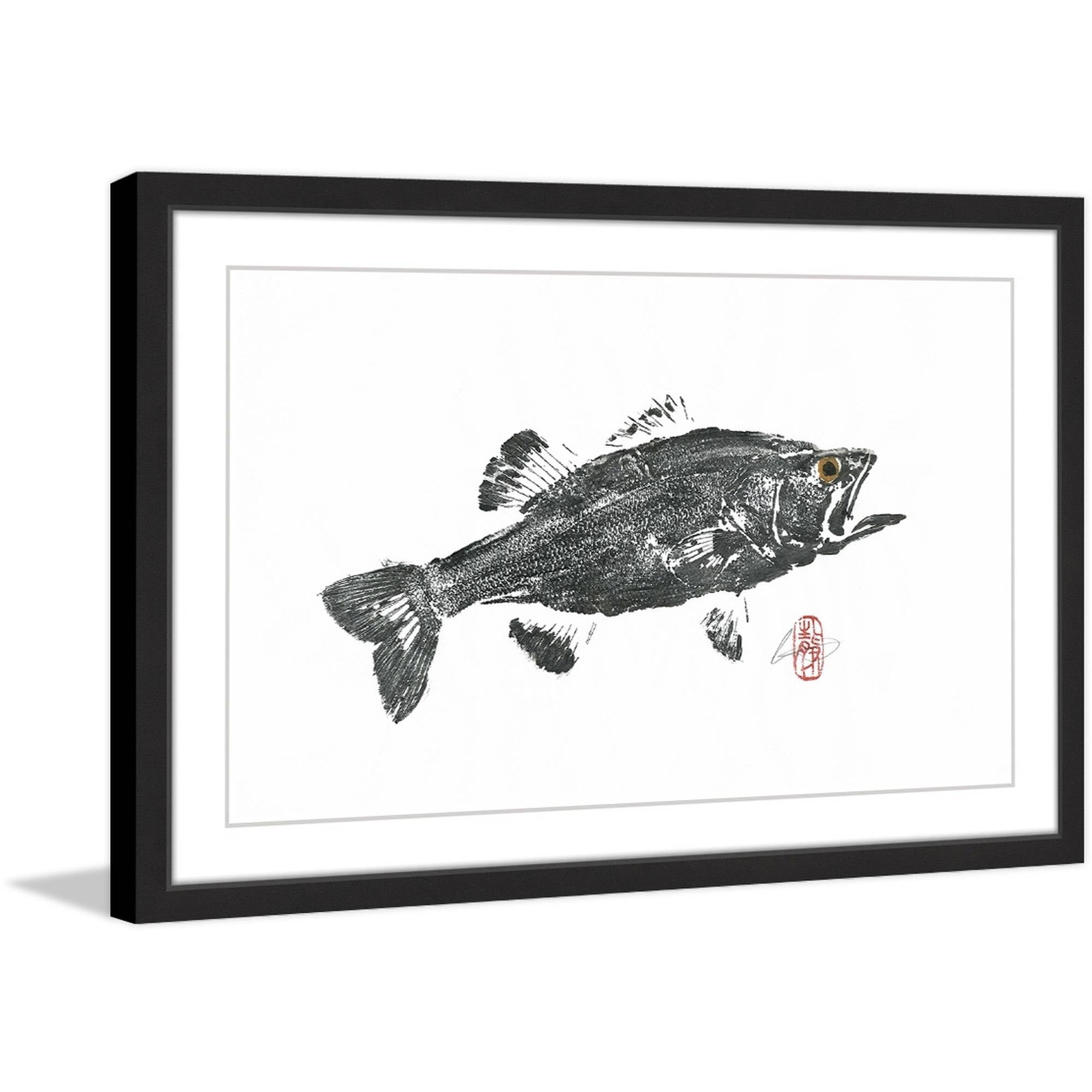 Large Mouth Bass Black and White Framed Canvas Print, 45" x 30"